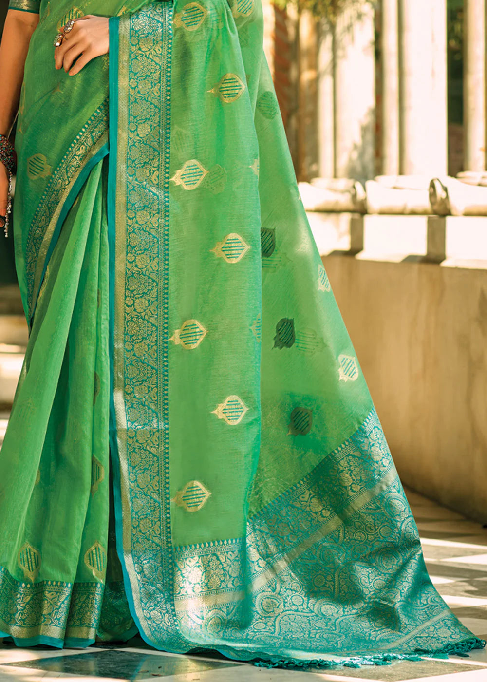 FERN GREEN WOVEN BANARASI TISSUE SILK SAREE