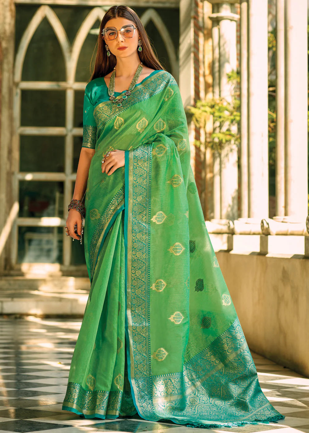 FERN GREEN WOVEN BANARASI TISSUE SILK SAREE