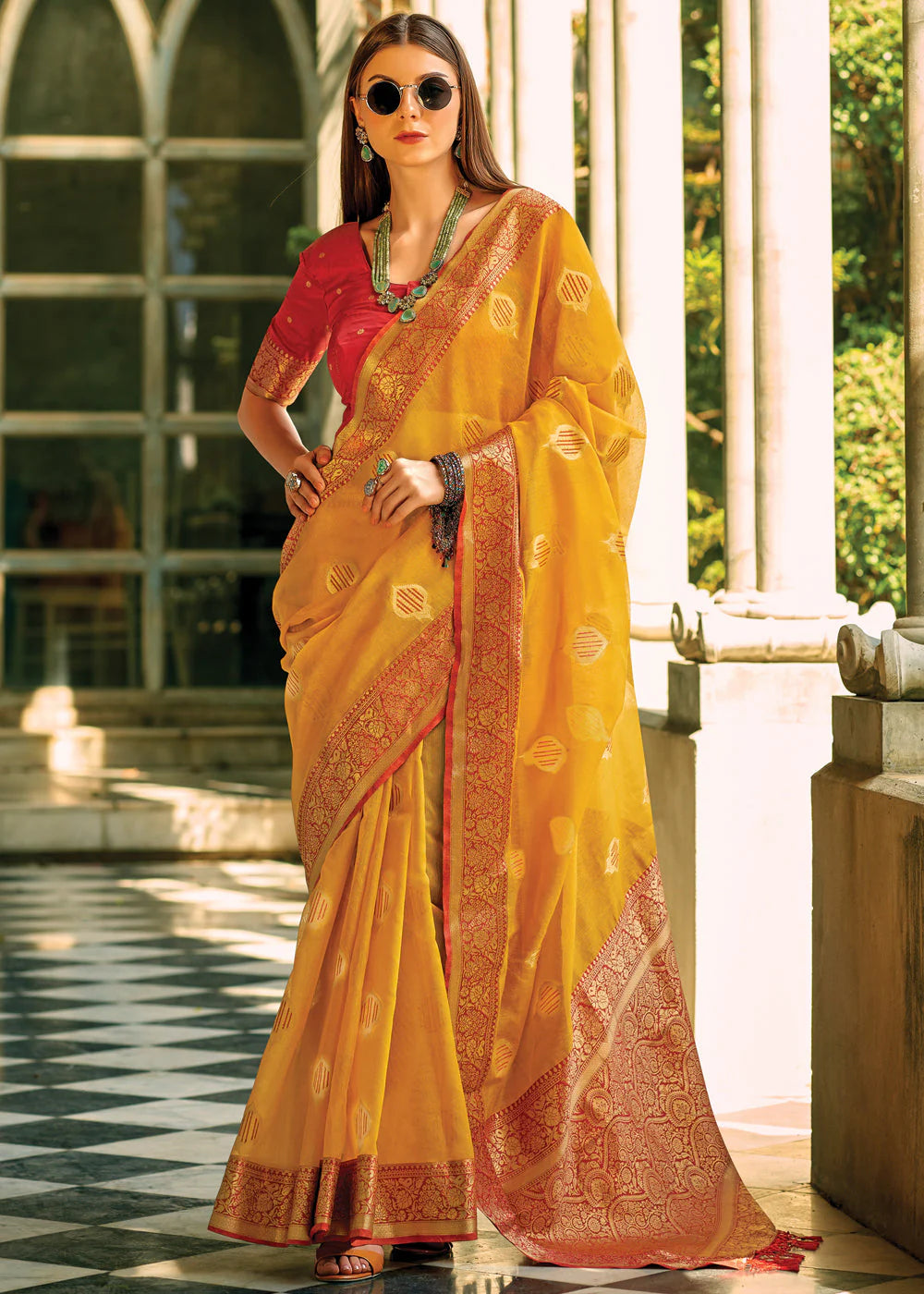 CHROME YELLOW WOVEN BANARASI TISSUE SILK SAREE