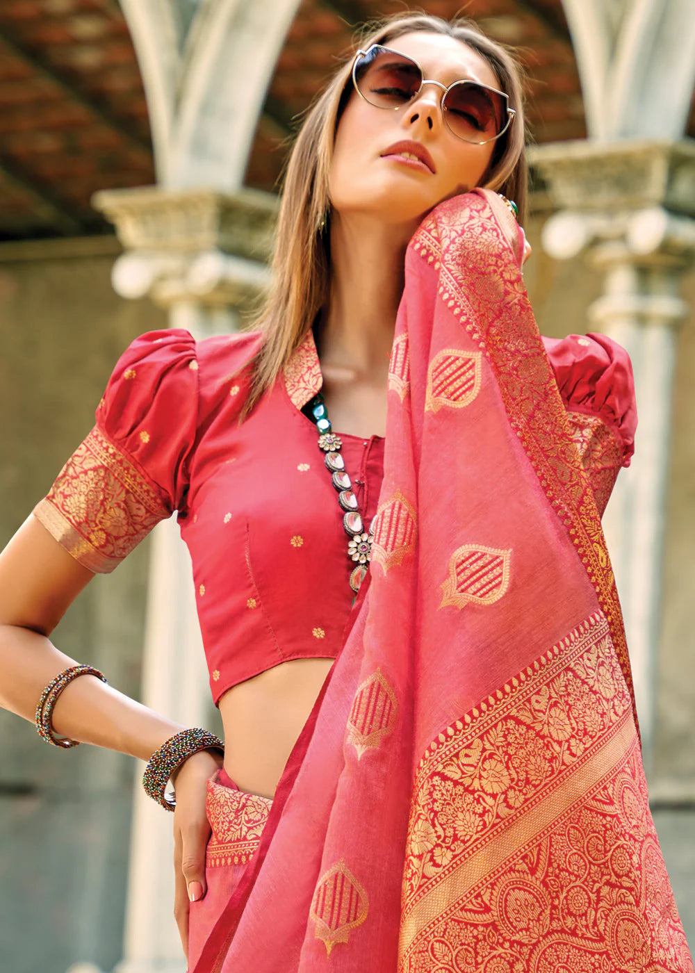 ROUGE PINK WOVEN BANARASI TISSUE SILK SAREE