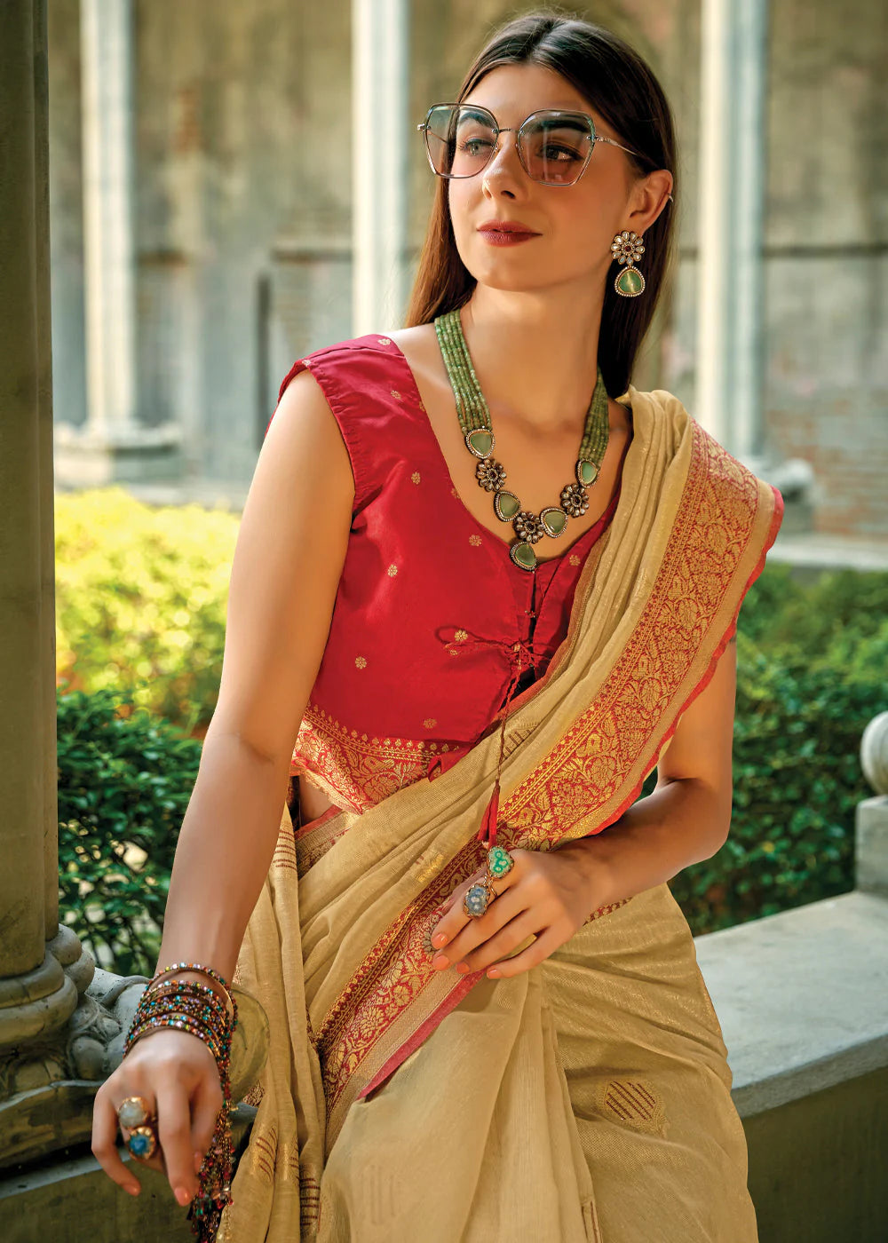 CREAM WHITE & RED WOVEN BANARASI TISSUE SILK SAREE