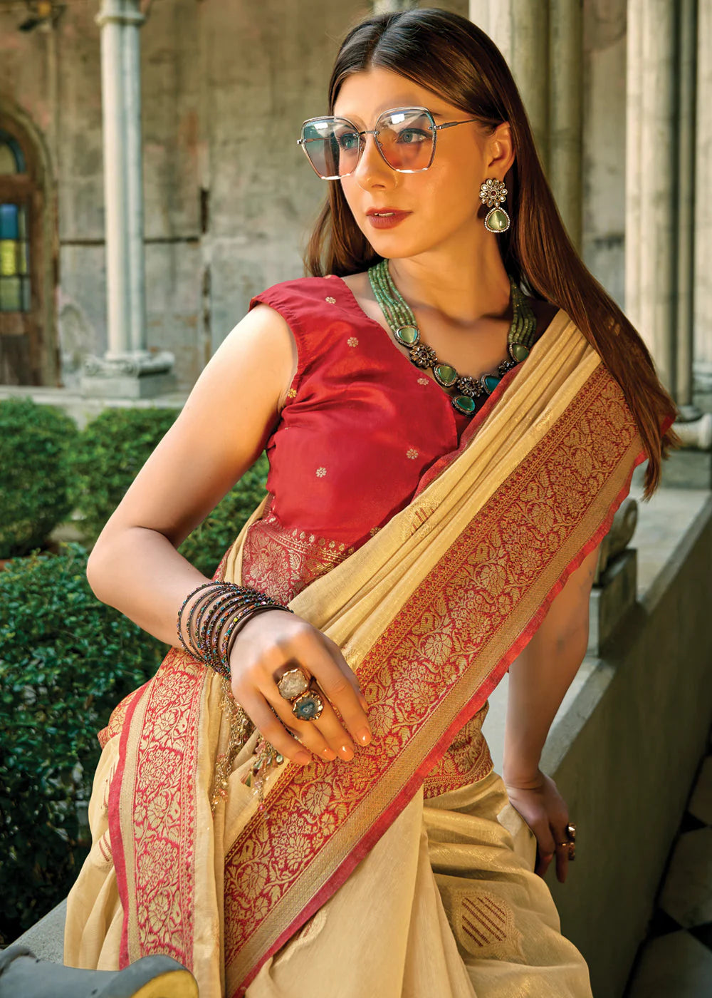 CREAM WHITE & RED WOVEN BANARASI TISSUE SILK SAREE