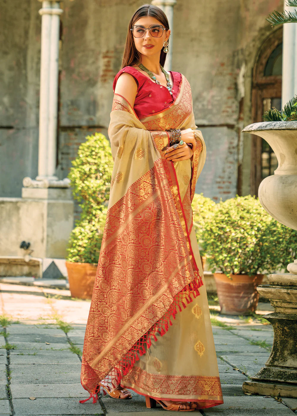 CREAM WHITE & RED WOVEN BANARASI TISSUE SILK SAREE