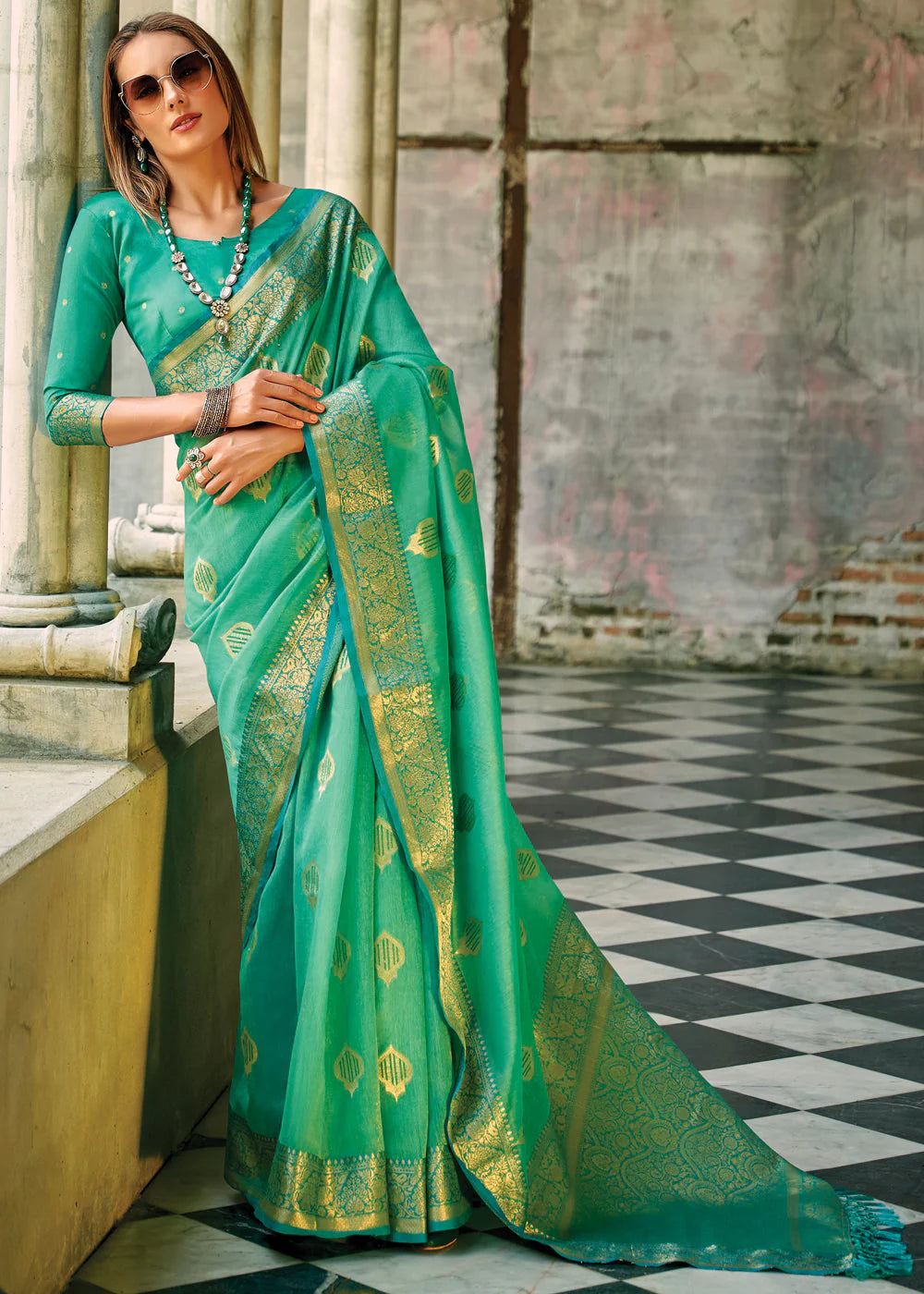 PERSIAN GREEN WOVEN BANARASI TISSUE SILK SAREE