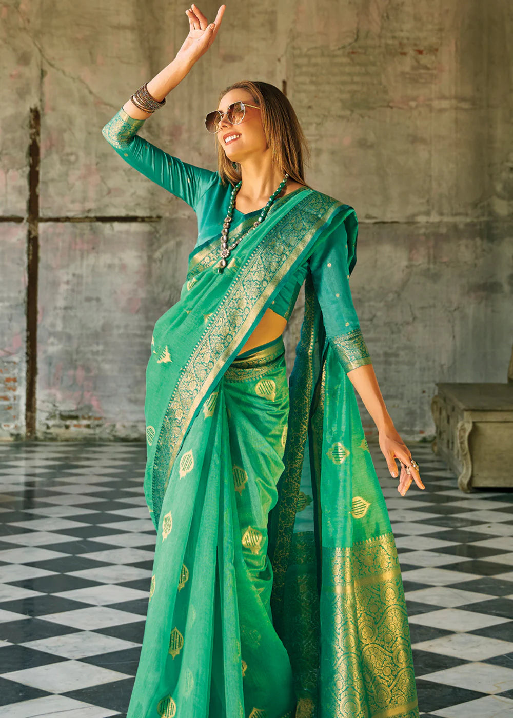 PERSIAN GREEN WOVEN BANARASI TISSUE SILK SAREE