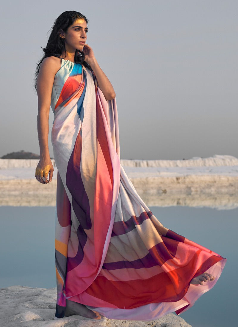 Amazing Digital Printed Satin Designer Contemporary Saree