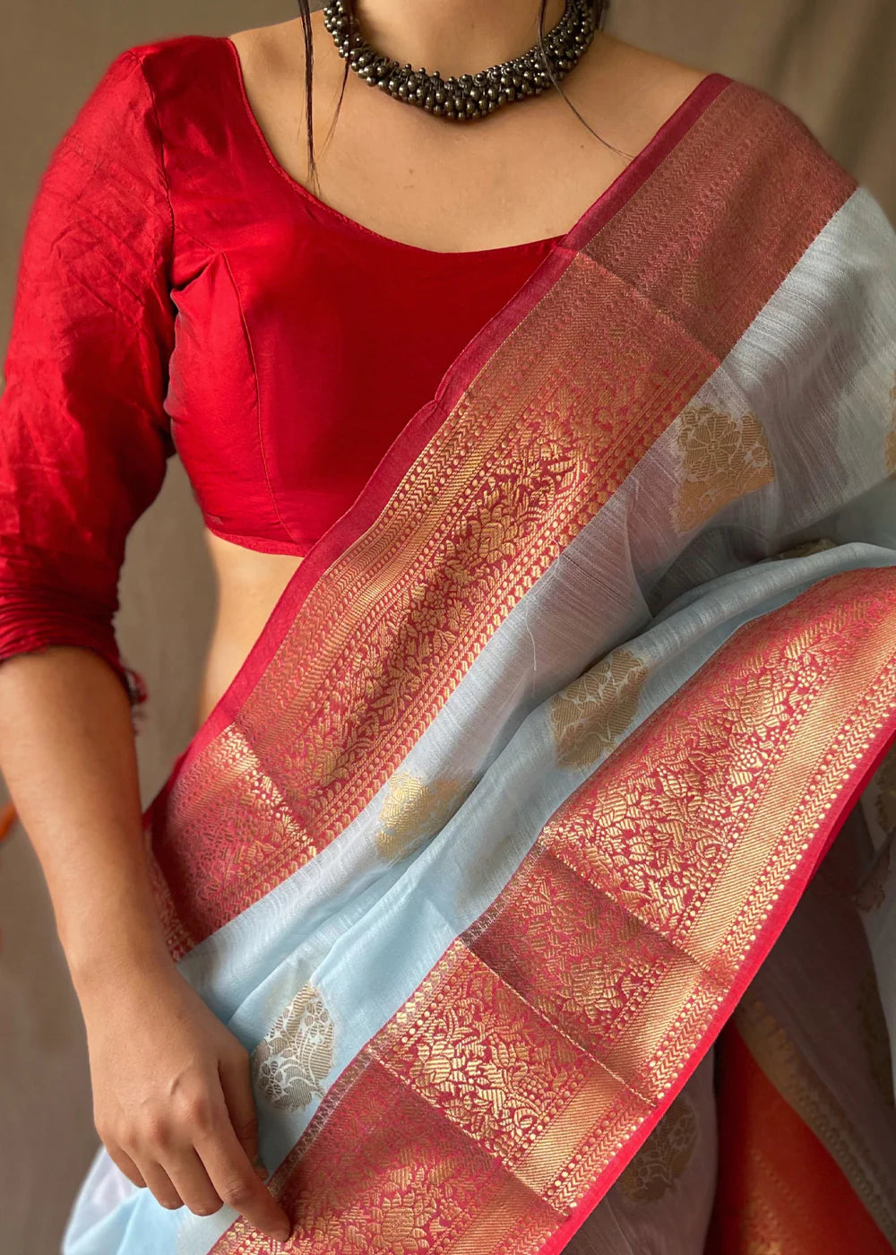 POWDER BLUE Linen  Banarasi Silk Saree