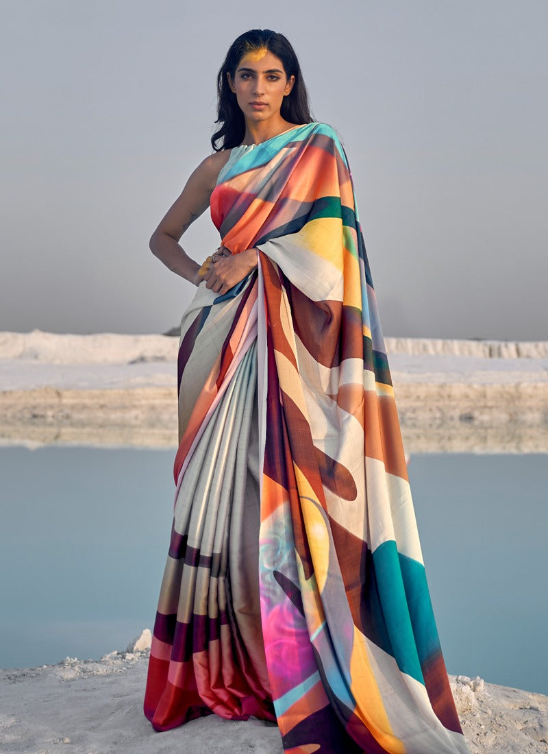 Amazing Digital Printed Satin Designer Contemporary Saree