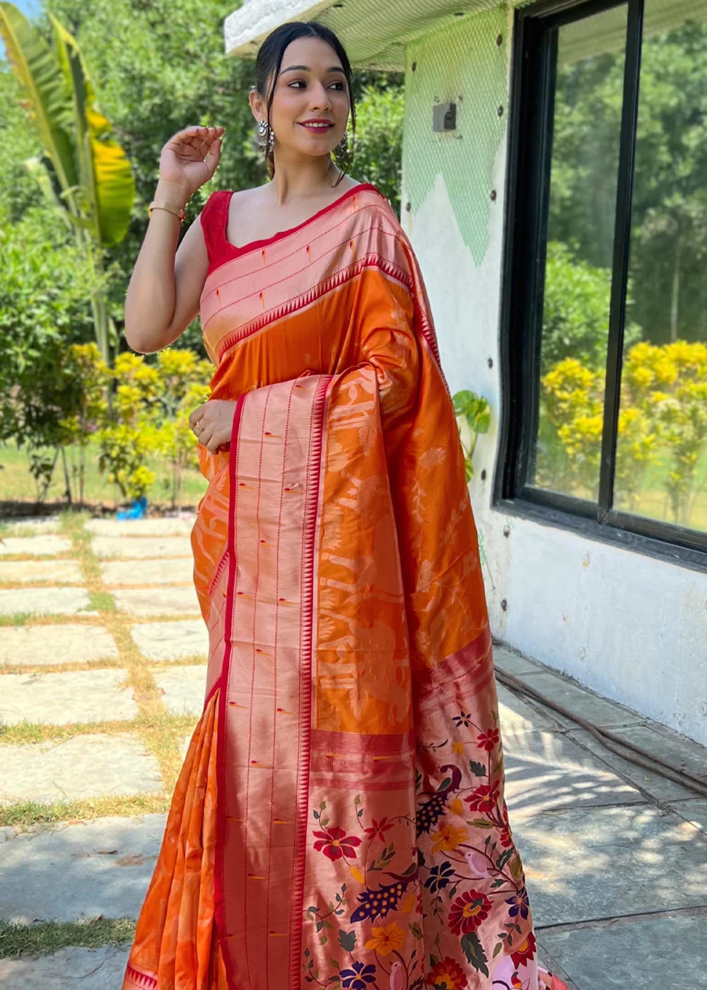 ORANGE Woven Paithani Silk Saree