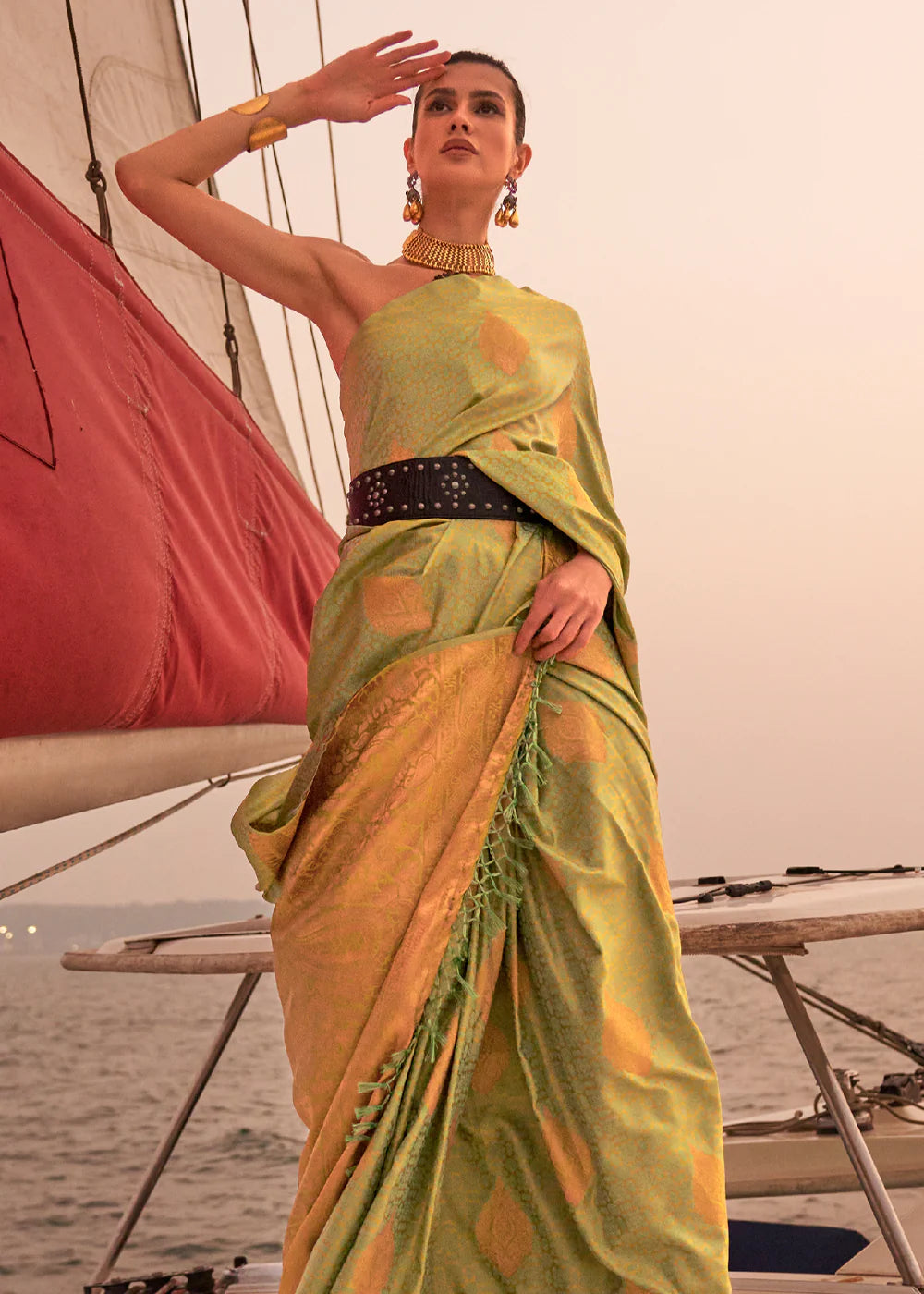 OLIVE GREEN Dual Tone Banarasi Satin Silk Saree