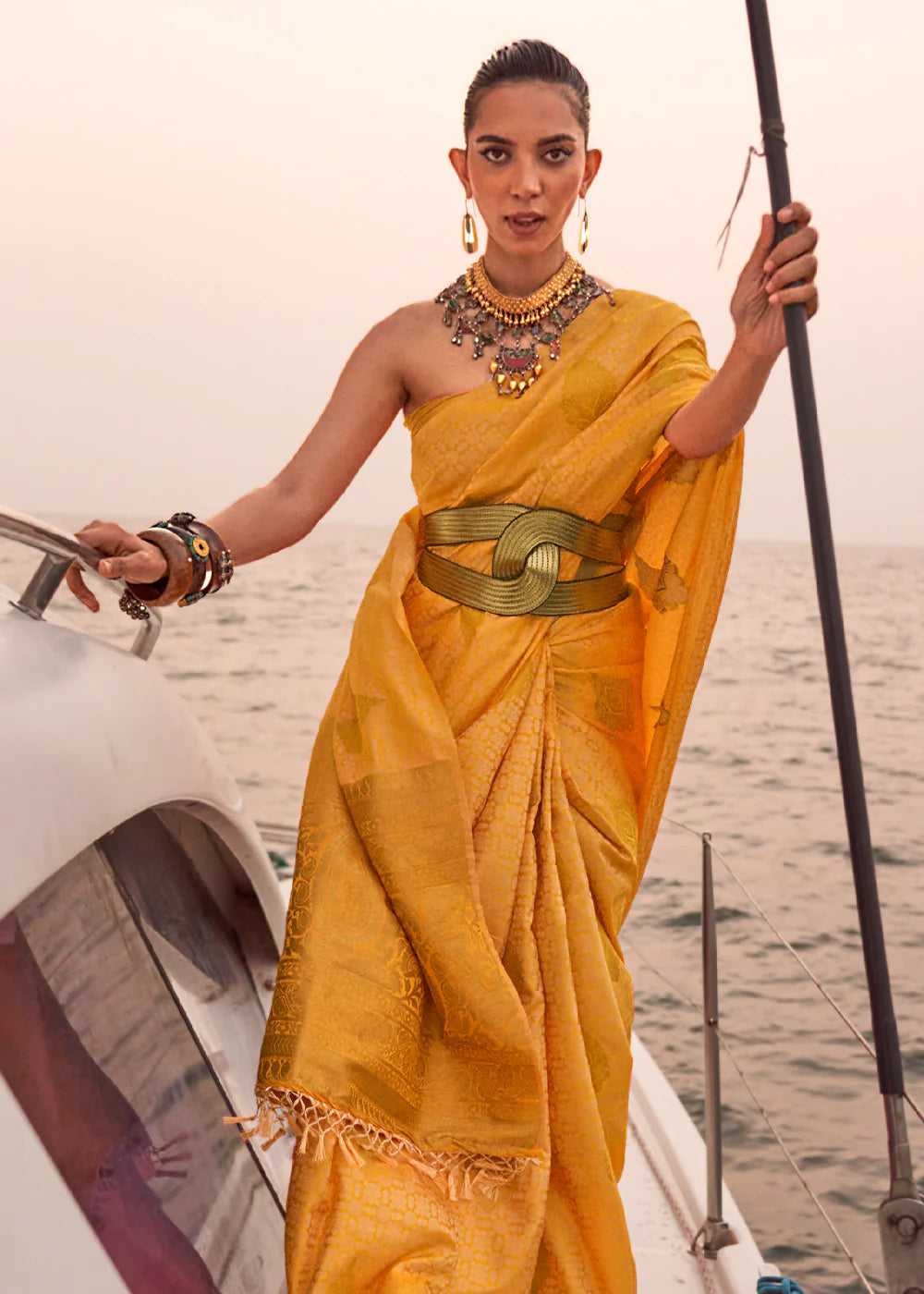 GOLD YELLOW Dual Tone Banarasi Satin Silk Saree