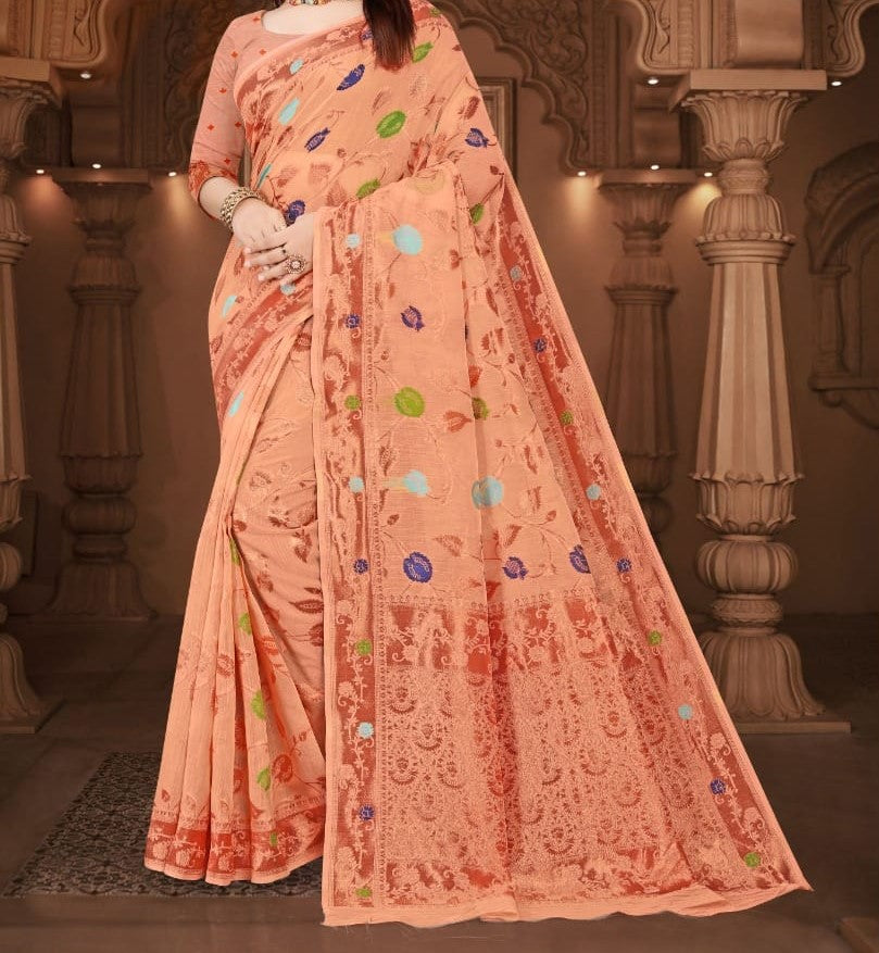 PEACH COTTON BANARASI SILK WITH COPPER ZARI WEAVING SAREE