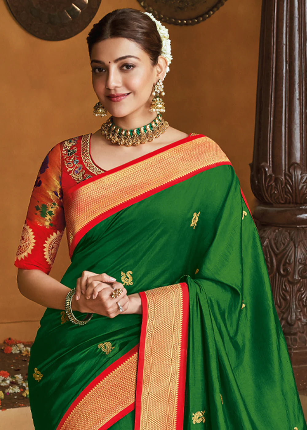 GREEN GOLD ZARI WOVEN PAITHANI SILK SAREE WITH DESIGNER BLOUSE