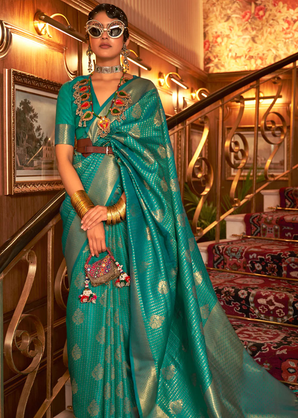 OCEAN GREEN  WOVEN BANARASI SILK SAREE