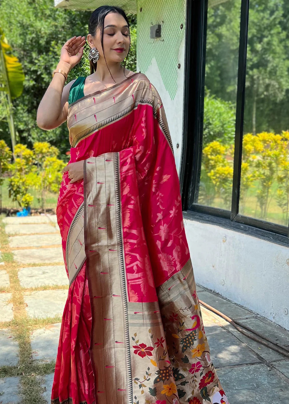 ROSE PINK Woven Paithani Silk Saree