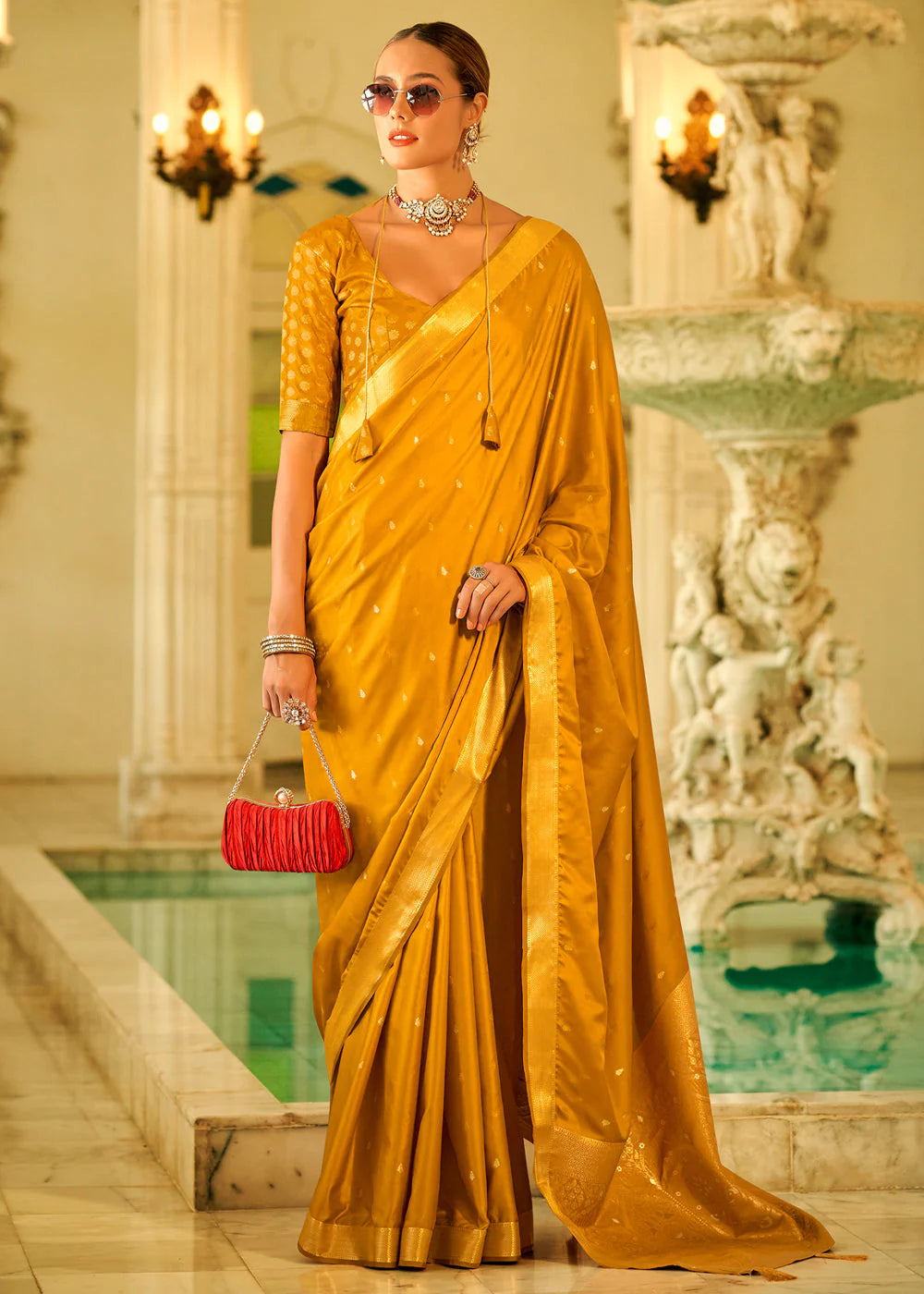 MUSTARD YELLOW WOVEN SATAIN SILK SAREE