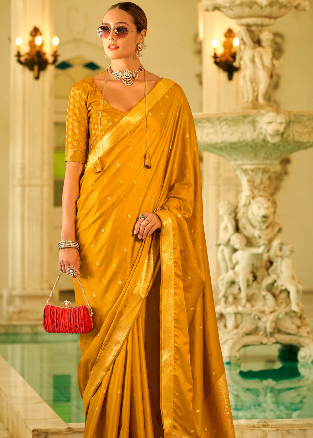 MUSTARD YELLOW WOVEN SATAIN SILK SAREE