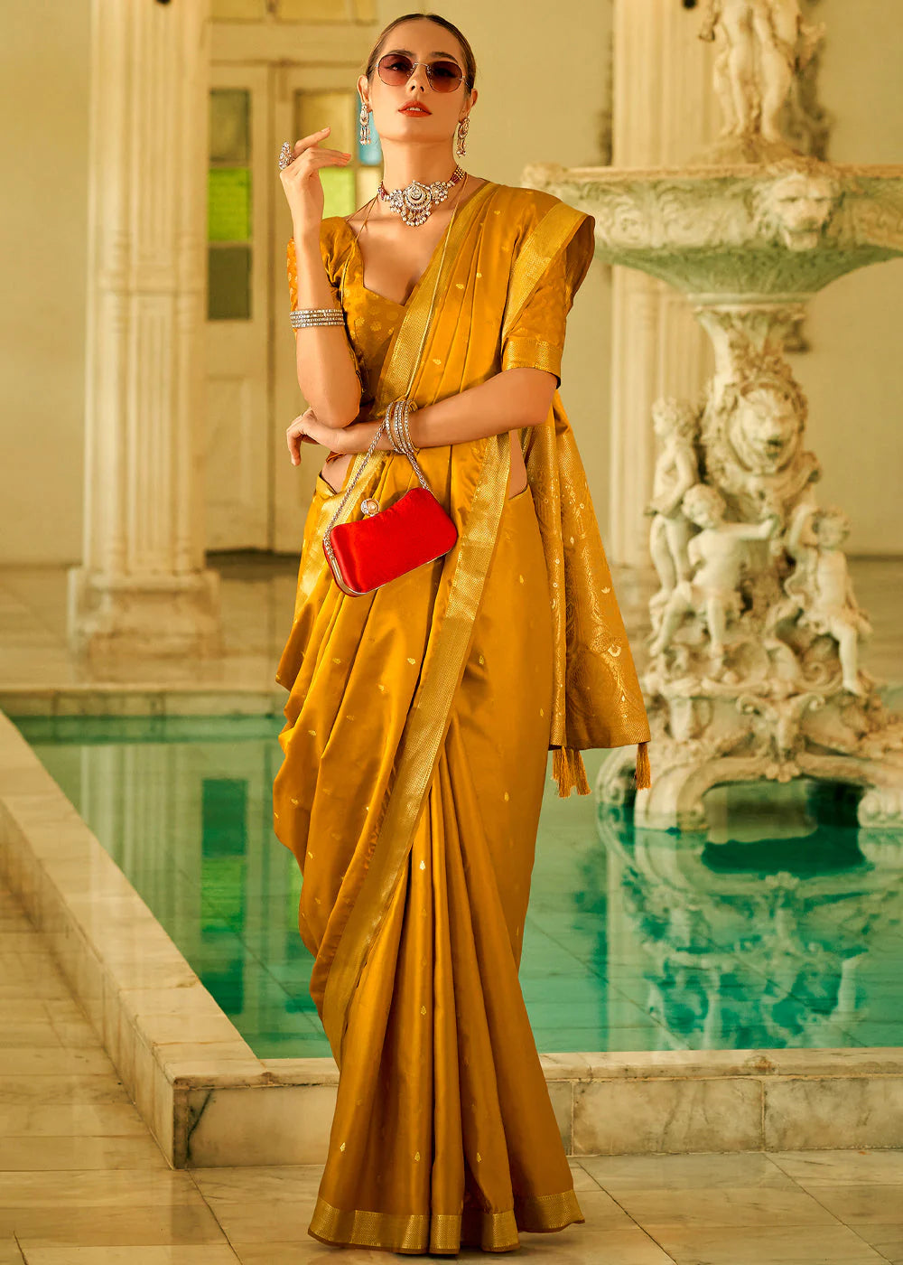 MUSTARD YELLOW WOVEN SATAIN SILK SAREE