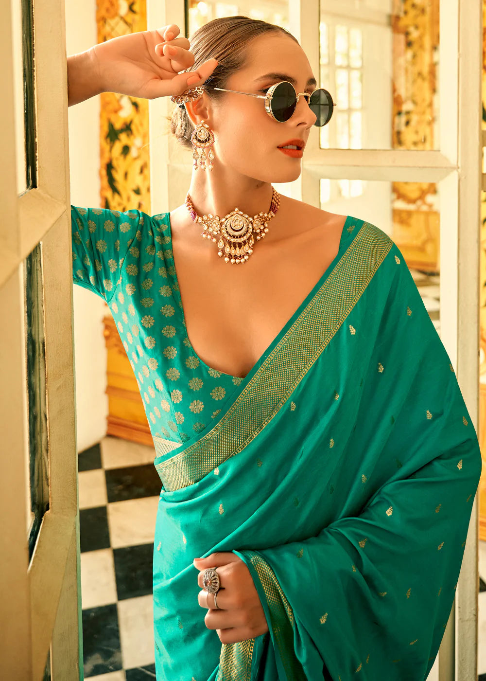 JADE GREEN WOVEN SATAIN SILK SAREE