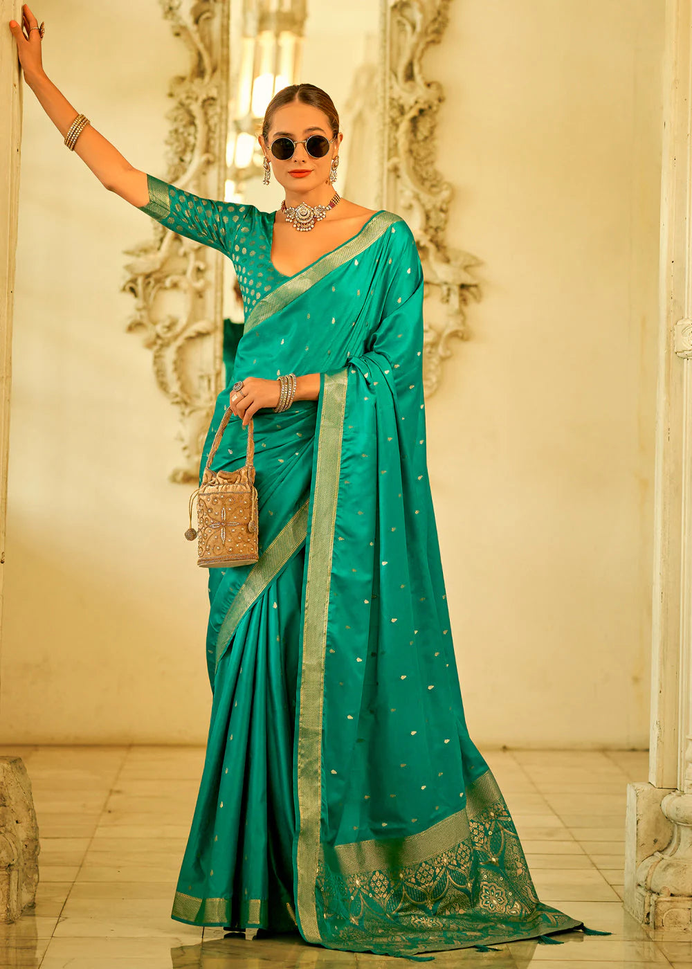 JADE GREEN WOVEN SATAIN SILK SAREE