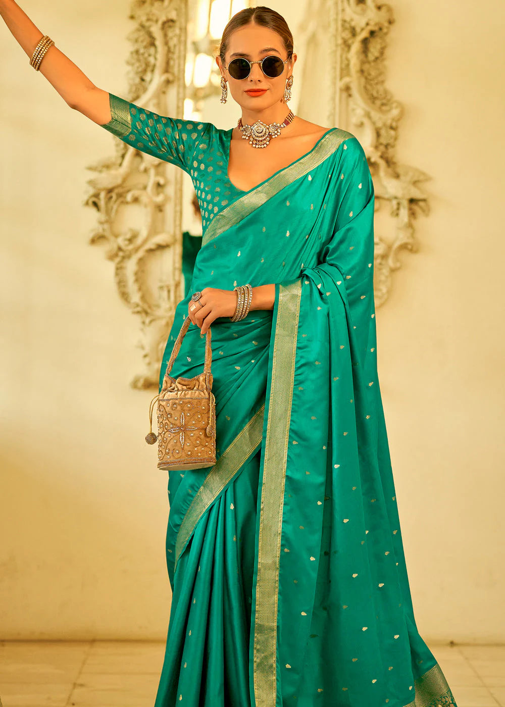 JADE GREEN WOVEN SATAIN SILK SAREE