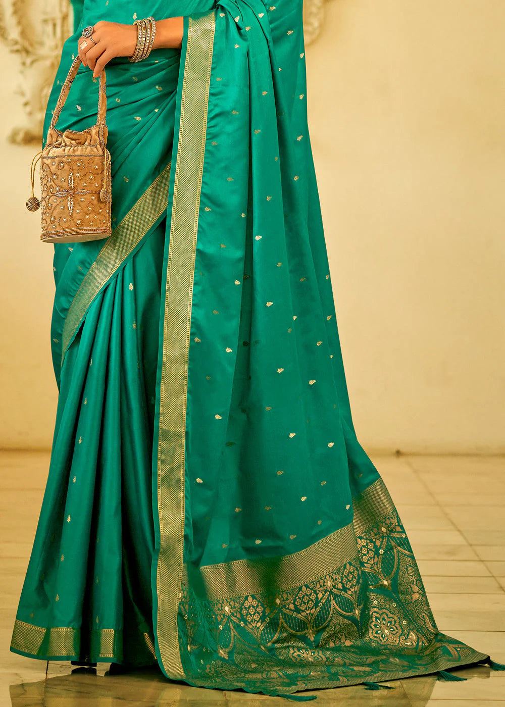 JADE GREEN WOVEN SATAIN SILK SAREE