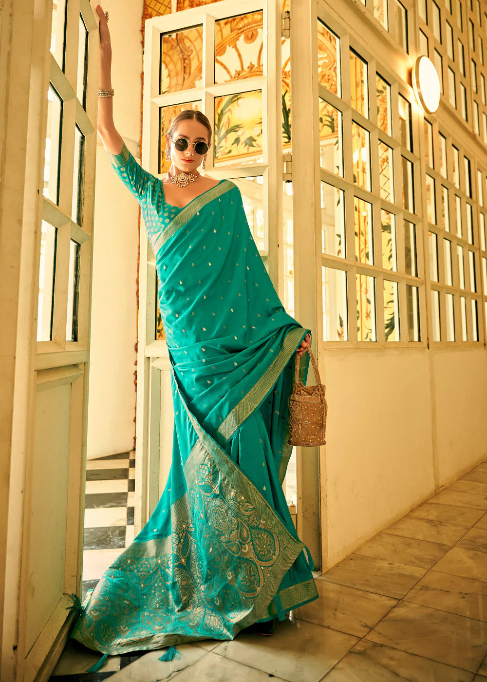 JADE GREEN WOVEN SATAIN SILK SAREE