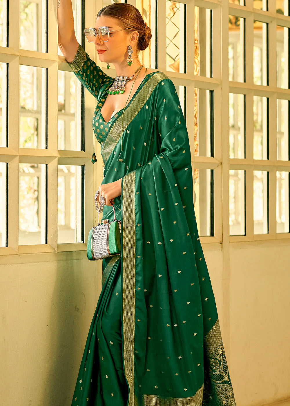 MOSS GREEN WOVEN SATAIN SILK SAREE