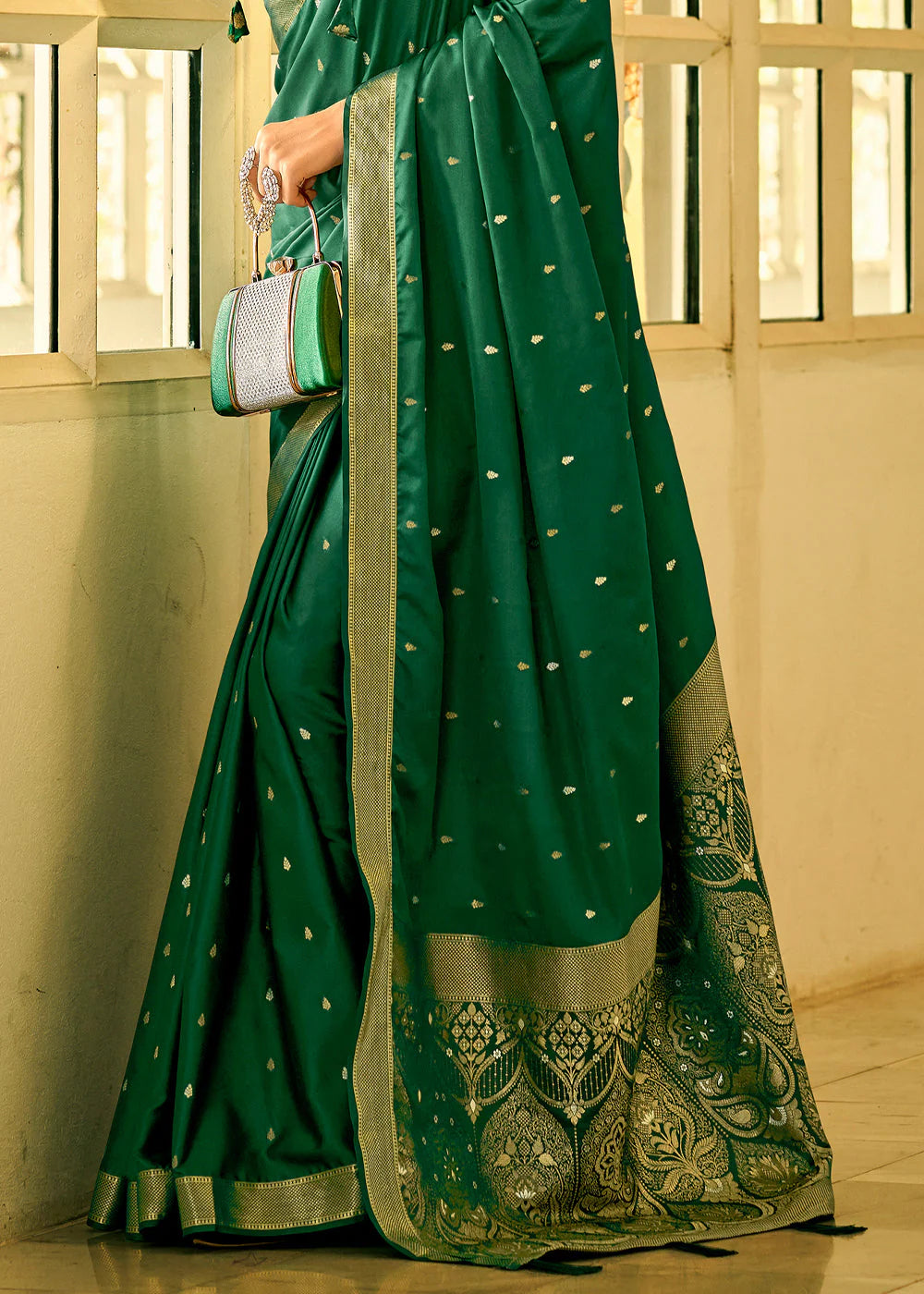 MOSS GREEN WOVEN SATAIN SILK SAREE