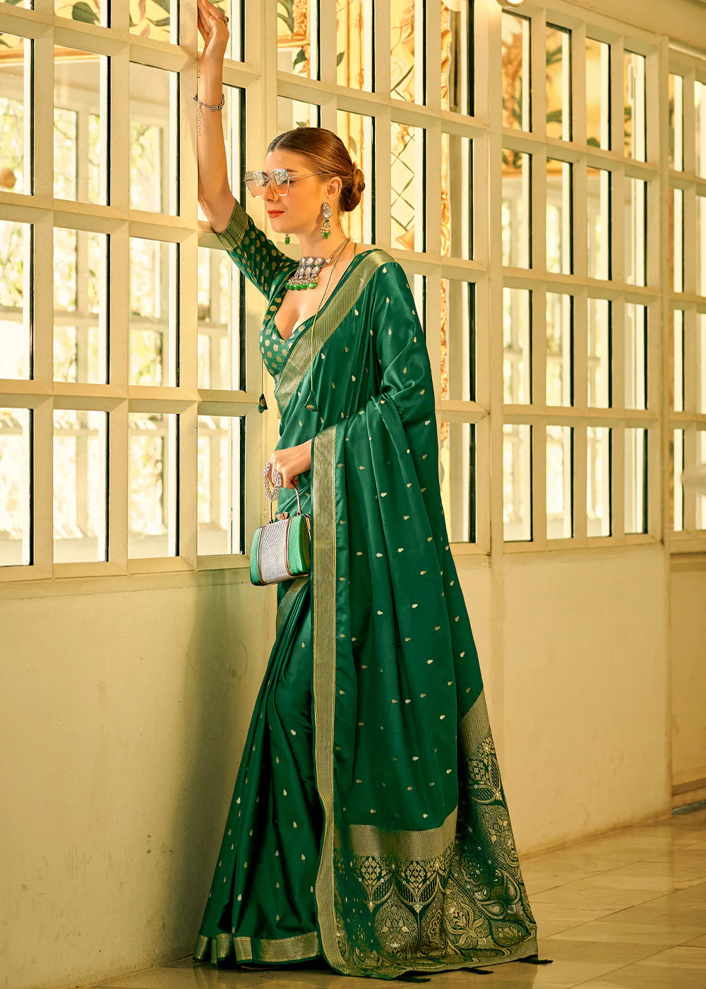 MOSS GREEN WOVEN SATAIN SILK SAREE