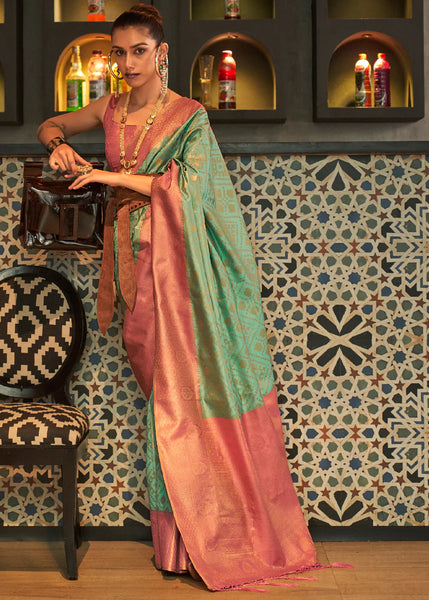 Green And Pink zari woven Kanjivaram silk saree