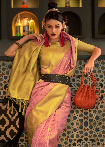 Peach And Yellow zari woven Kanjivaram silk saree