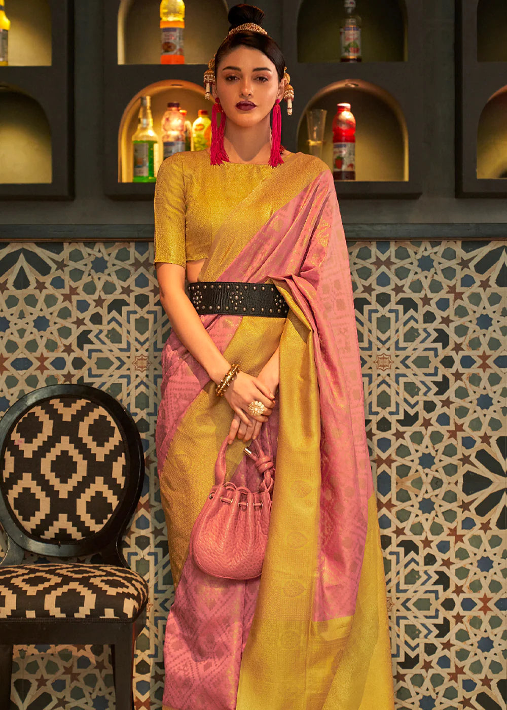 Peach And Yellow zari woven Kanjivaram silk saree