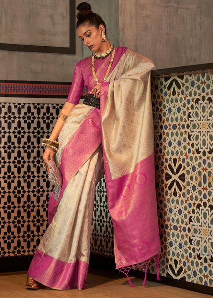 Beige And Pink zari woven Kanjivaram silk saree