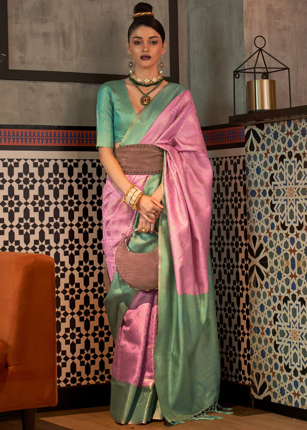 Lilac And Green zari woven Kanjivaram silk saree