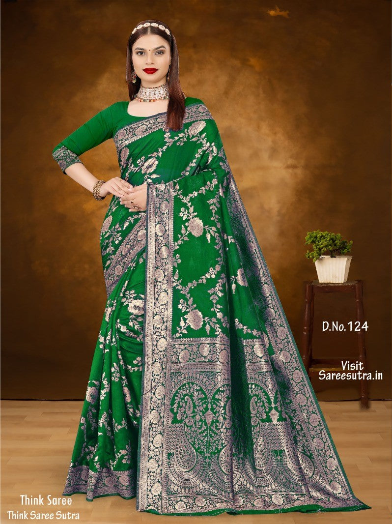 DEEP GREEN BANARASI SILK WITH ZARI WEAVING SAREE