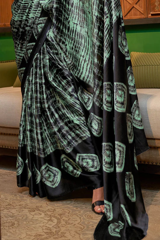 Enchanted Forest Green & Black Satin Silk Printed Saree