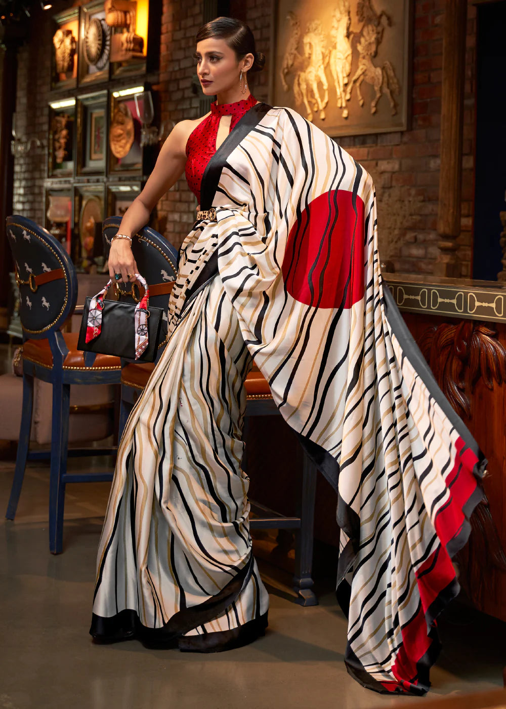 White and Red Satin Silk Printed Saree