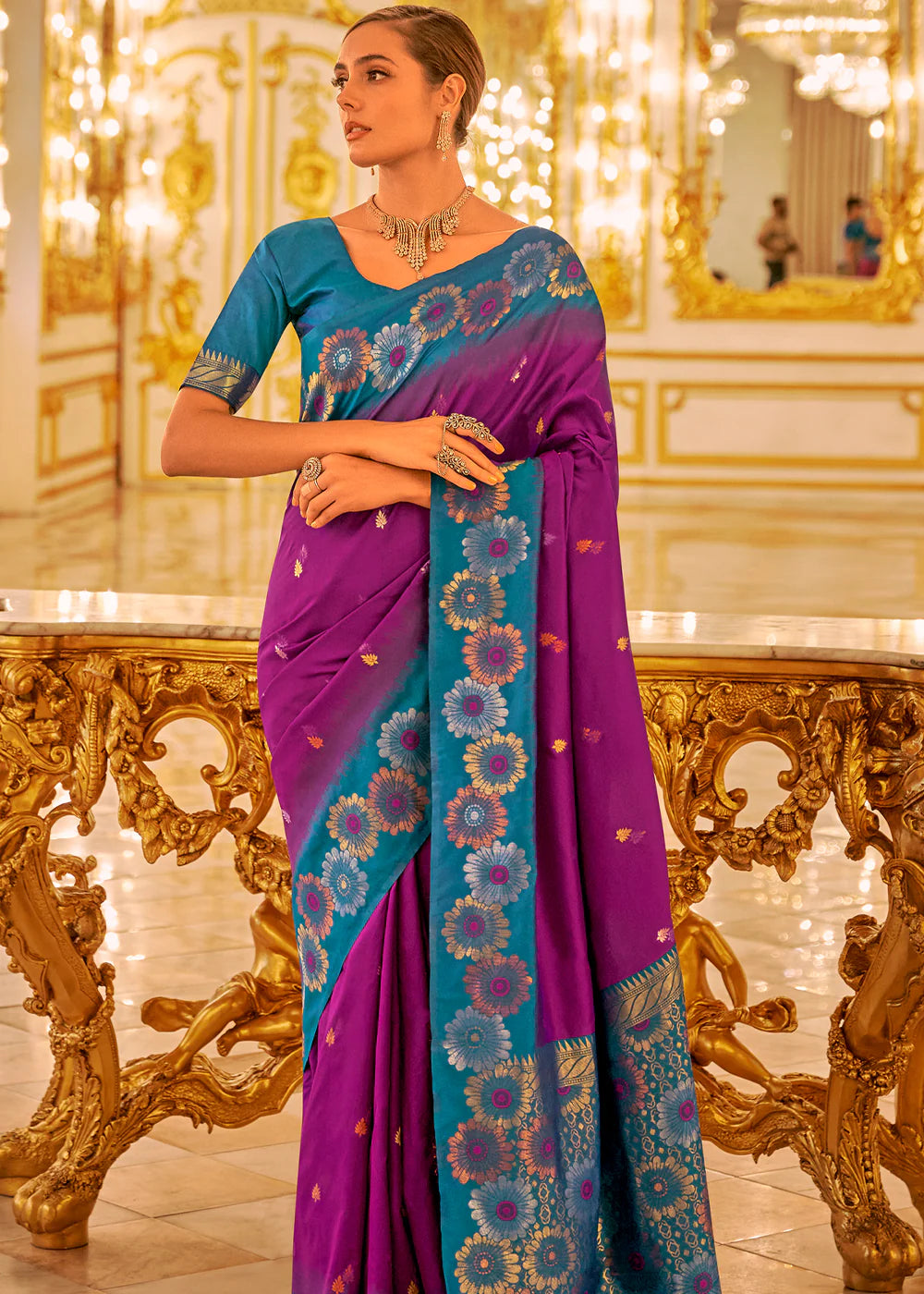 PURPLE & BLUE TWO TONE WOVEN BANARASI SILK SAREE