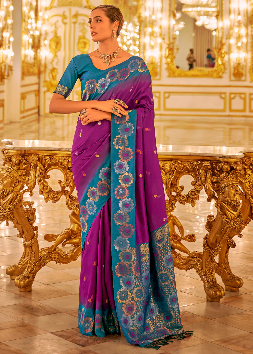 PURPLE & BLUE TWO TONE WOVEN BANARASI SILK SAREE