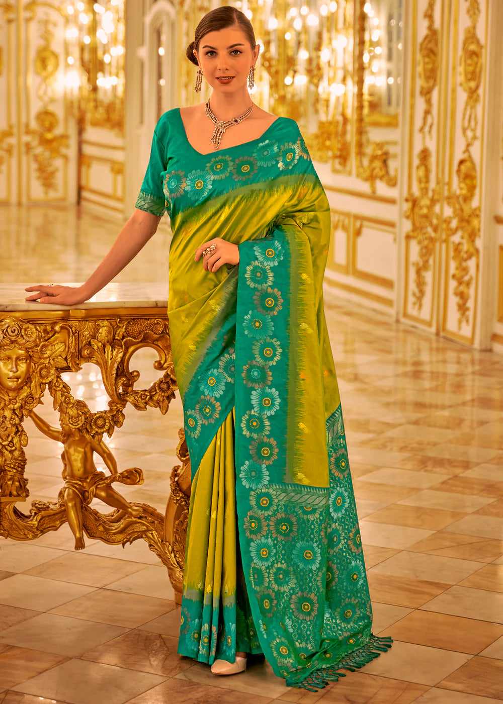 GREEN & YELLOW TWO TONE WOVEN BANARASI SILK SAREE