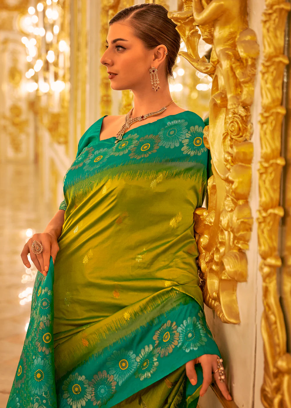 GREEN & YELLOW TWO TONE WOVEN BANARASI SILK SAREE