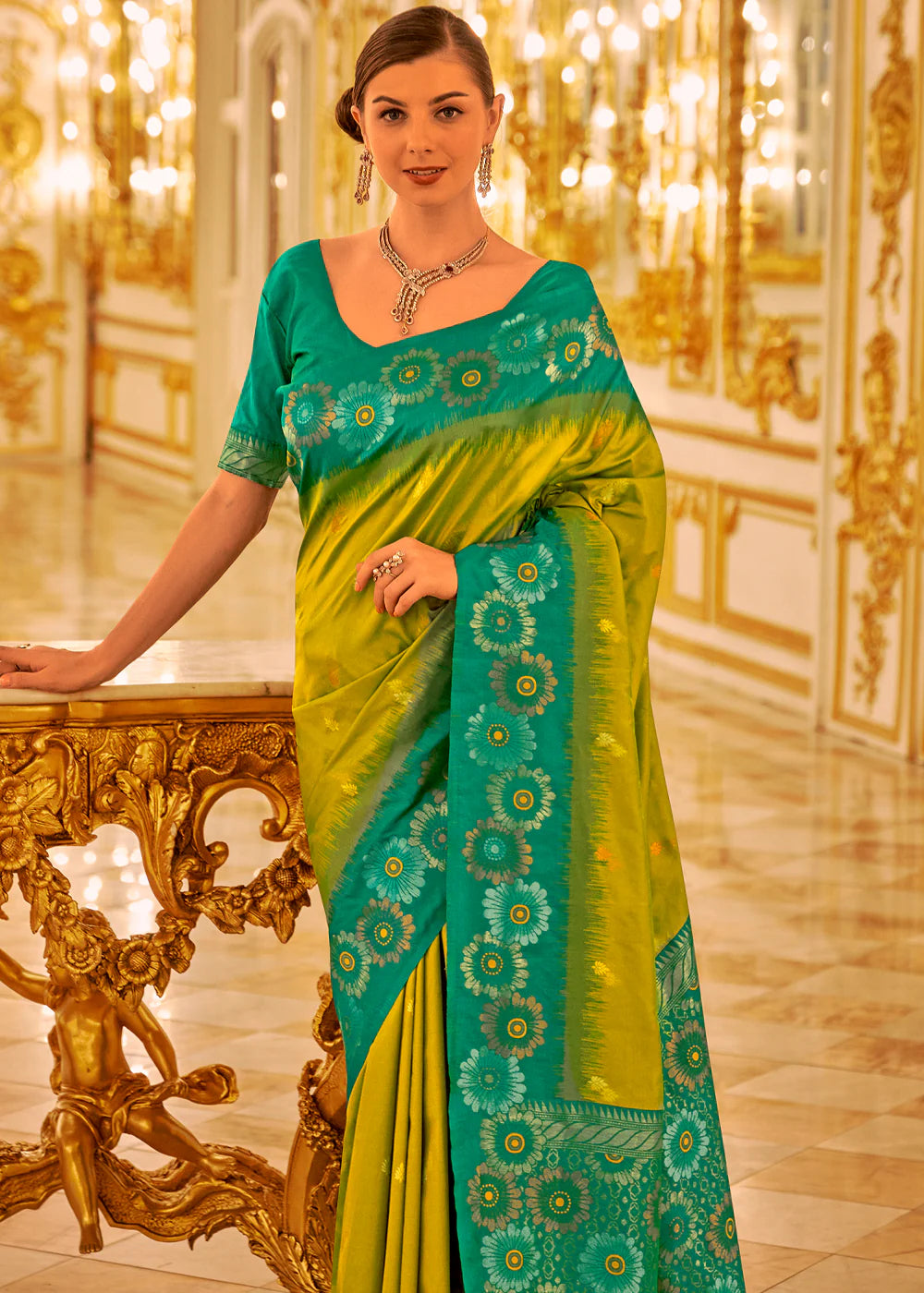 GREEN & YELLOW TWO TONE WOVEN BANARASI SILK SAREE