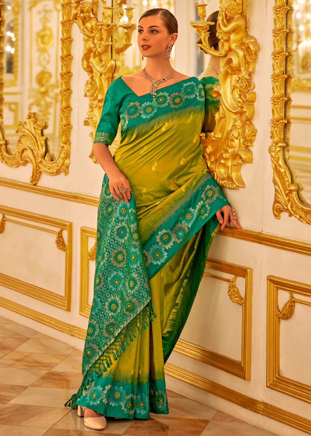 GREEN & YELLOW TWO TONE WOVEN BANARASI SILK SAREE