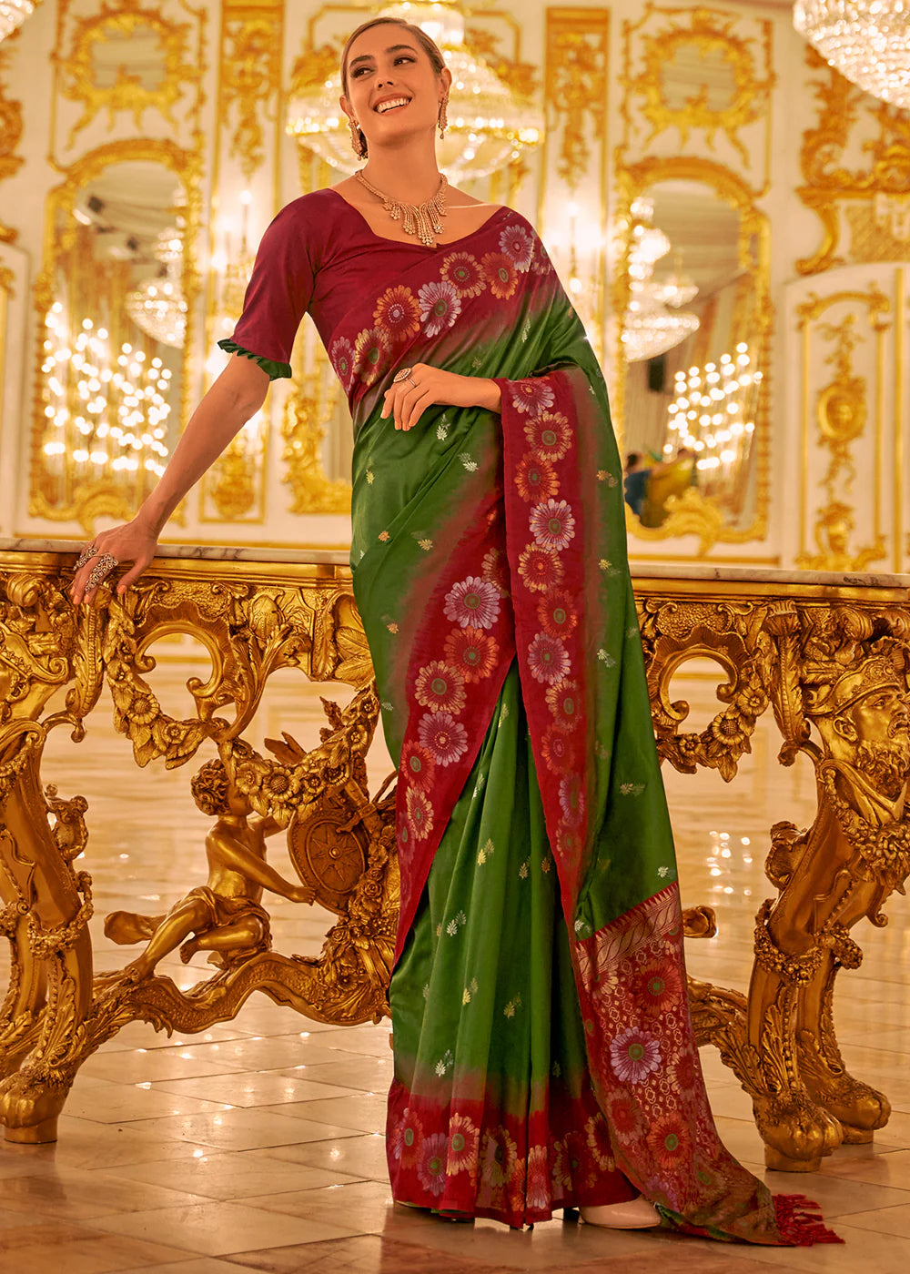 WINE & GREEN TWO TONE WOVEN BANARASI SILK SAREE