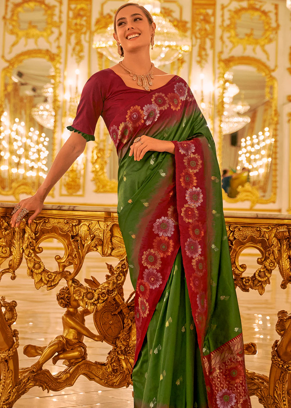 WINE & GREEN TWO TONE WOVEN BANARASI SILK SAREE