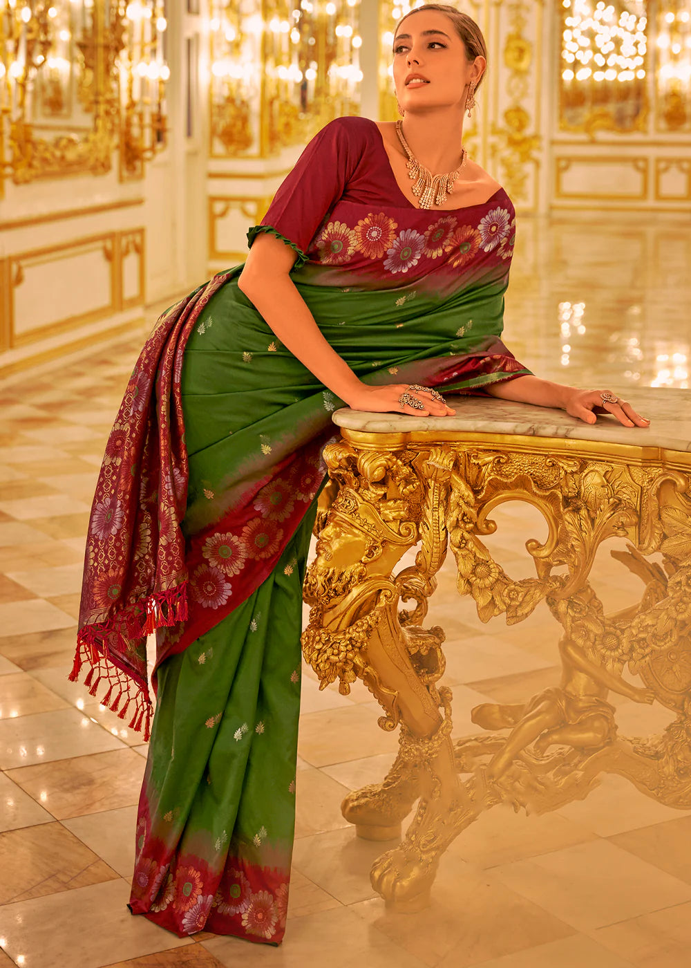 WINE & GREEN TWO TONE WOVEN BANARASI SILK SAREE