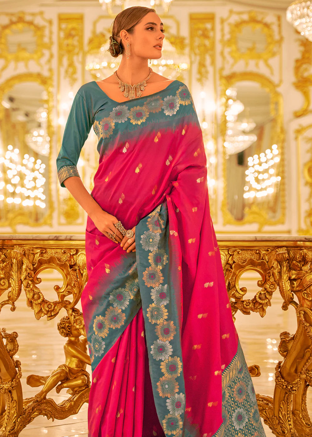 PINK & BLUE TWO TONE WOVEN BANARASI SILK SAREE