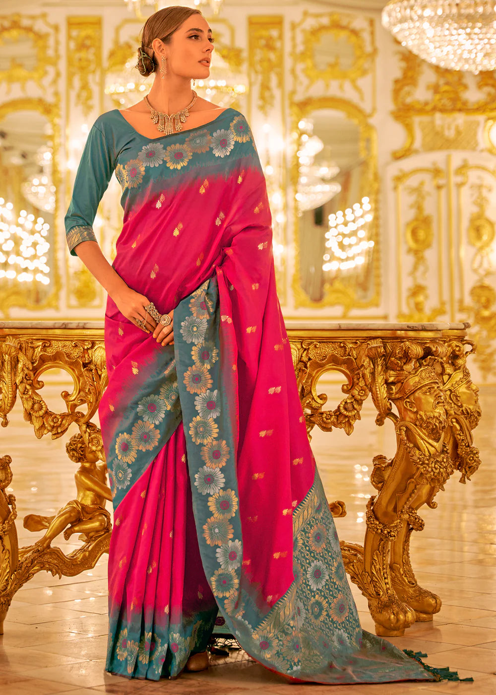 PINK & BLUE TWO TONE WOVEN BANARASI SILK SAREE