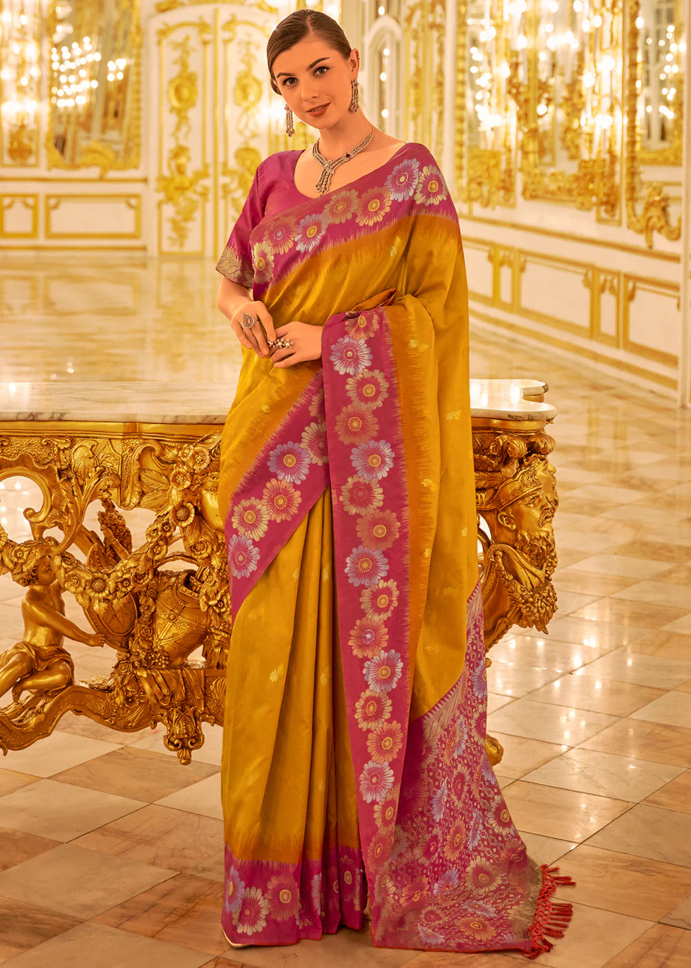 HONEY GOLD & PINK TWO TONE WOVEN BANARASI SILK SAREE